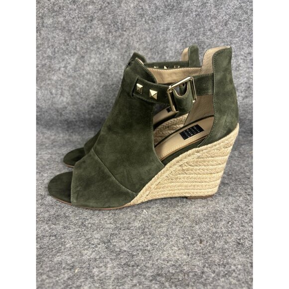 White House Black Market Wedge Sandals Womens Size 8 Olive Suede Espadrille - Picture 1 of 8